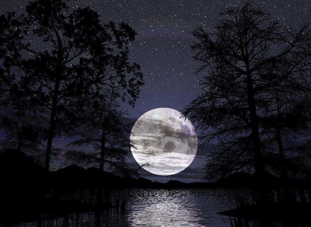a full moon is seen over a lake