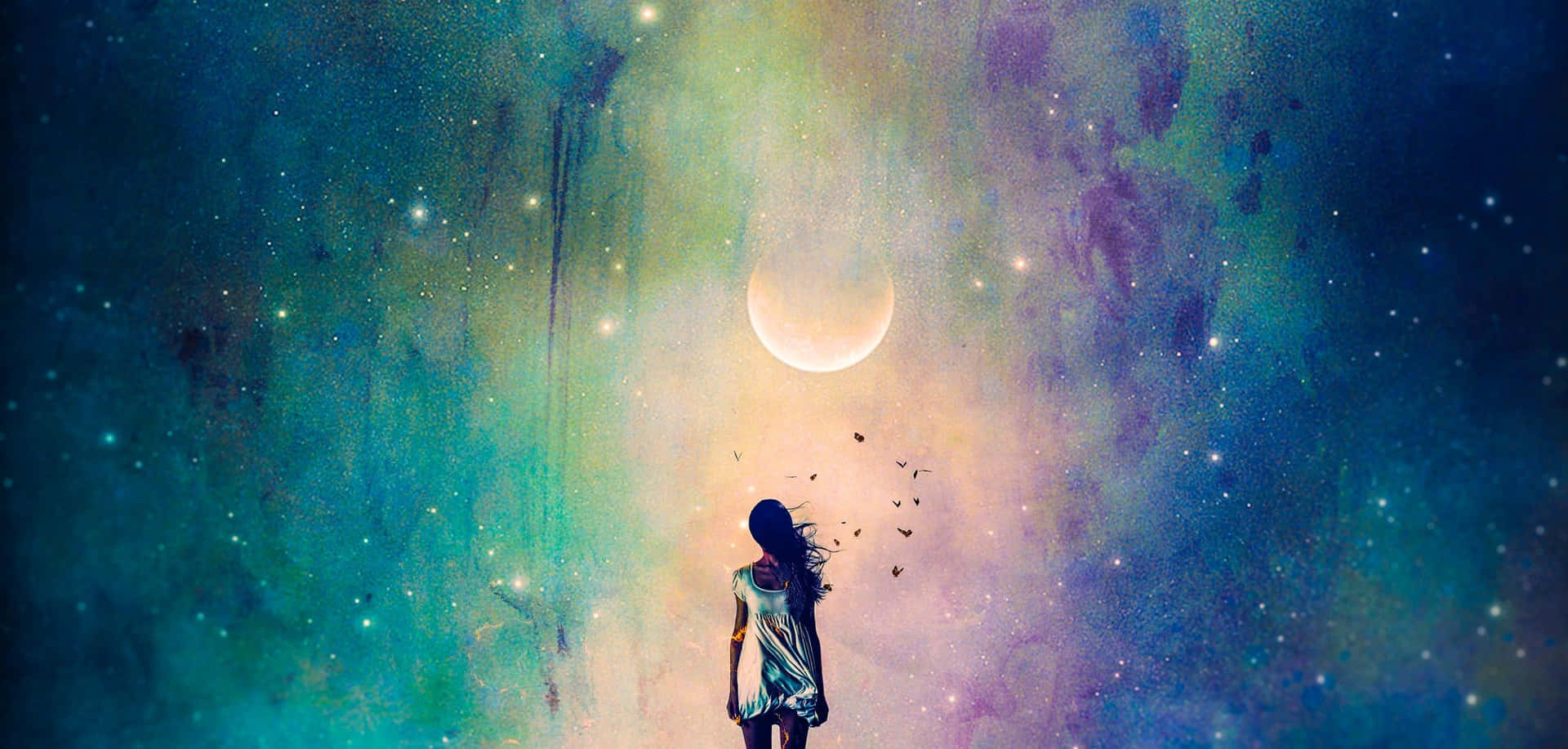 A Girl Is Standing In Front Of A Colorful Sky With A Moon And Stars