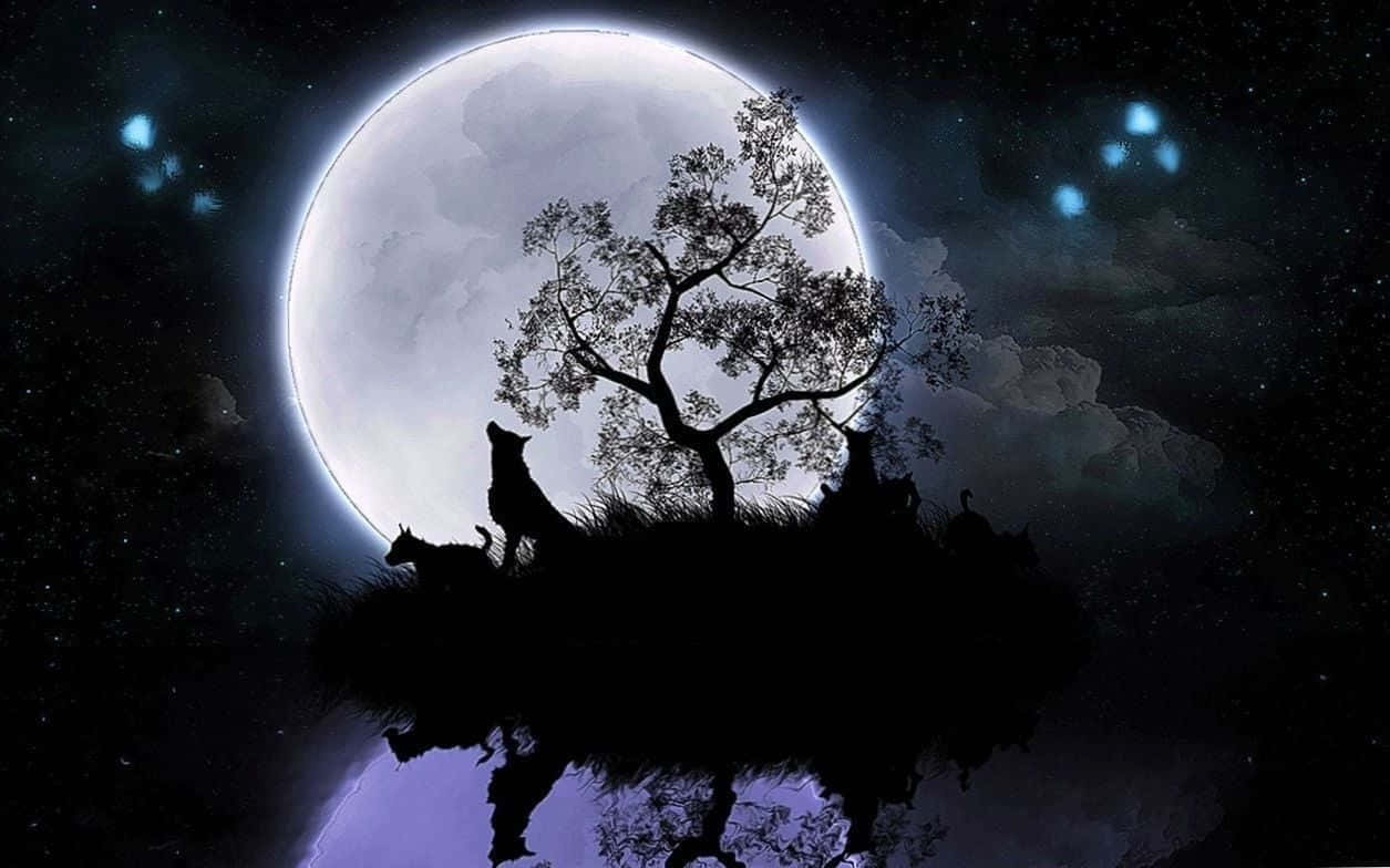 a full moon with a wolf and a tree