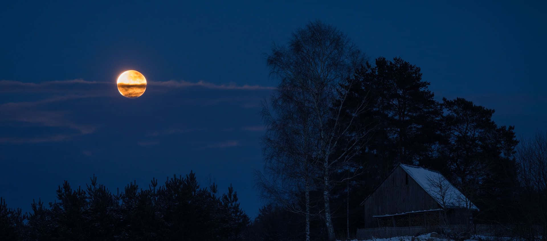a full moon rising over a house and trees