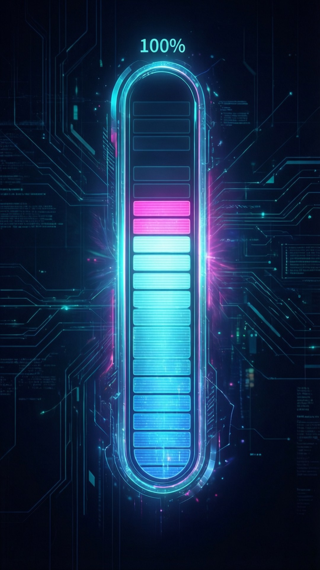 Full Progress Bar Wallpaper — A glowing futuristic progress bar at 100% pulses with cyan and magenta light against a dark circuit board background.
