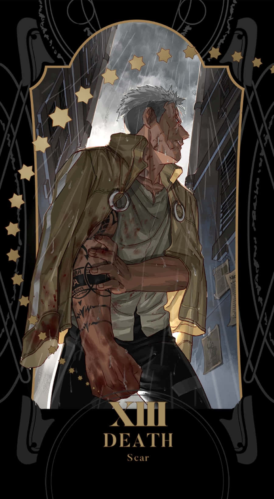 Fullmetal Alchemist's Scar Contemplating in Moonlight Wallpaper