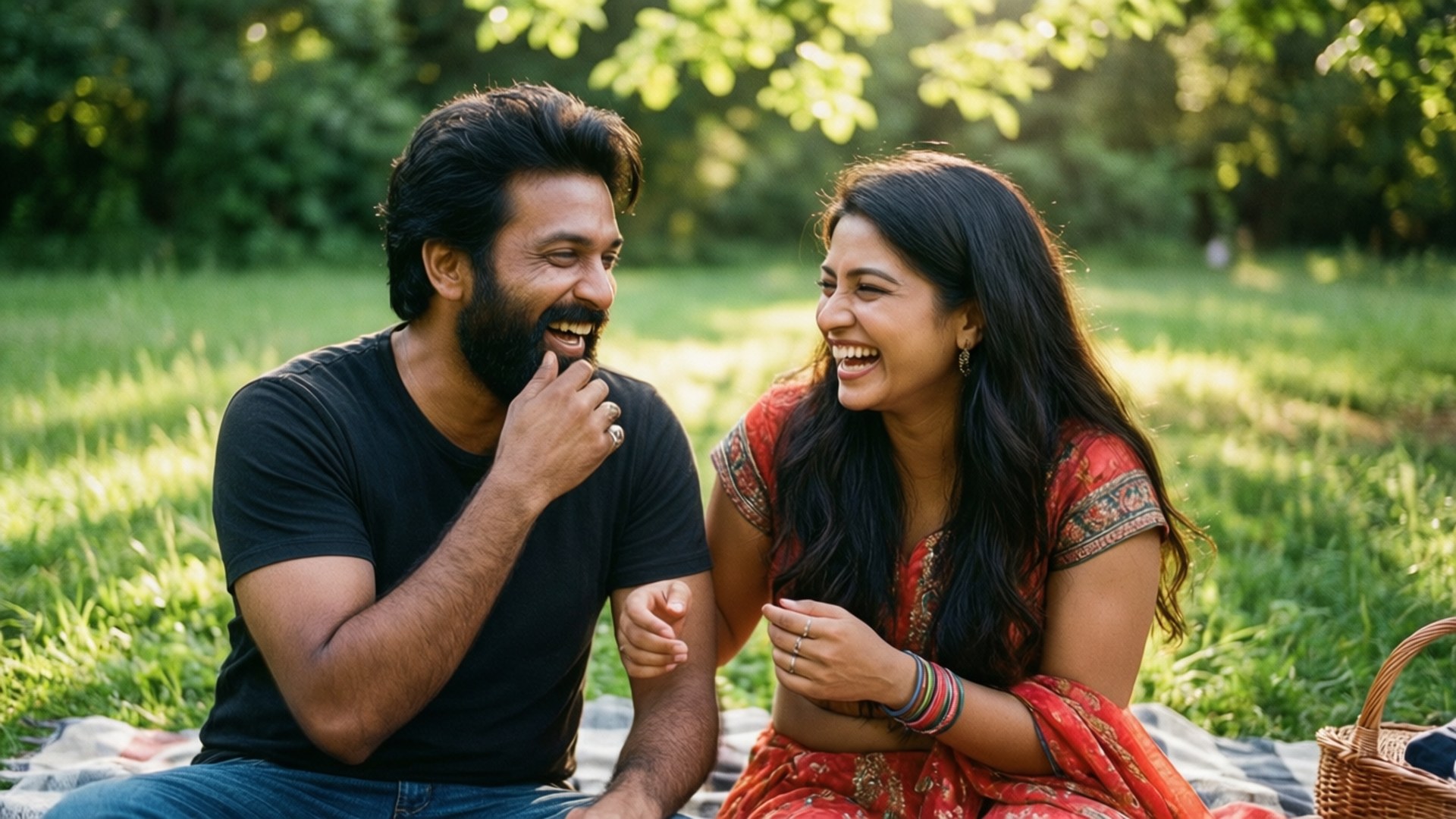 Vishal og Kajal ler under piknik