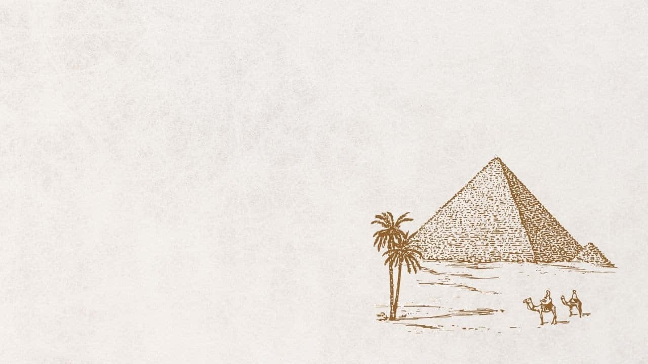 A Drawing Of A Pyramid And Palm Trees