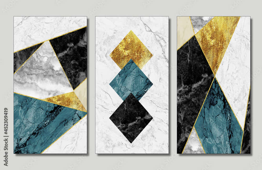 Three Marble Wall Art Panels With Gold And Black Geometric Designs Wallpaper