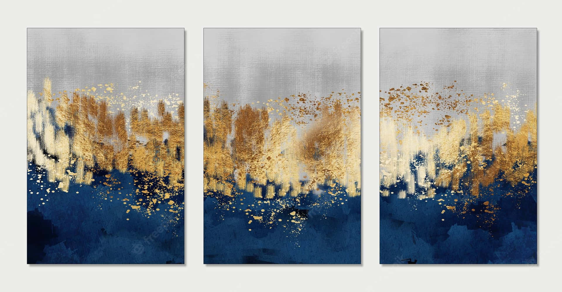 Three Gold And Blue Abstract Paintings On A White Background Wallpaper