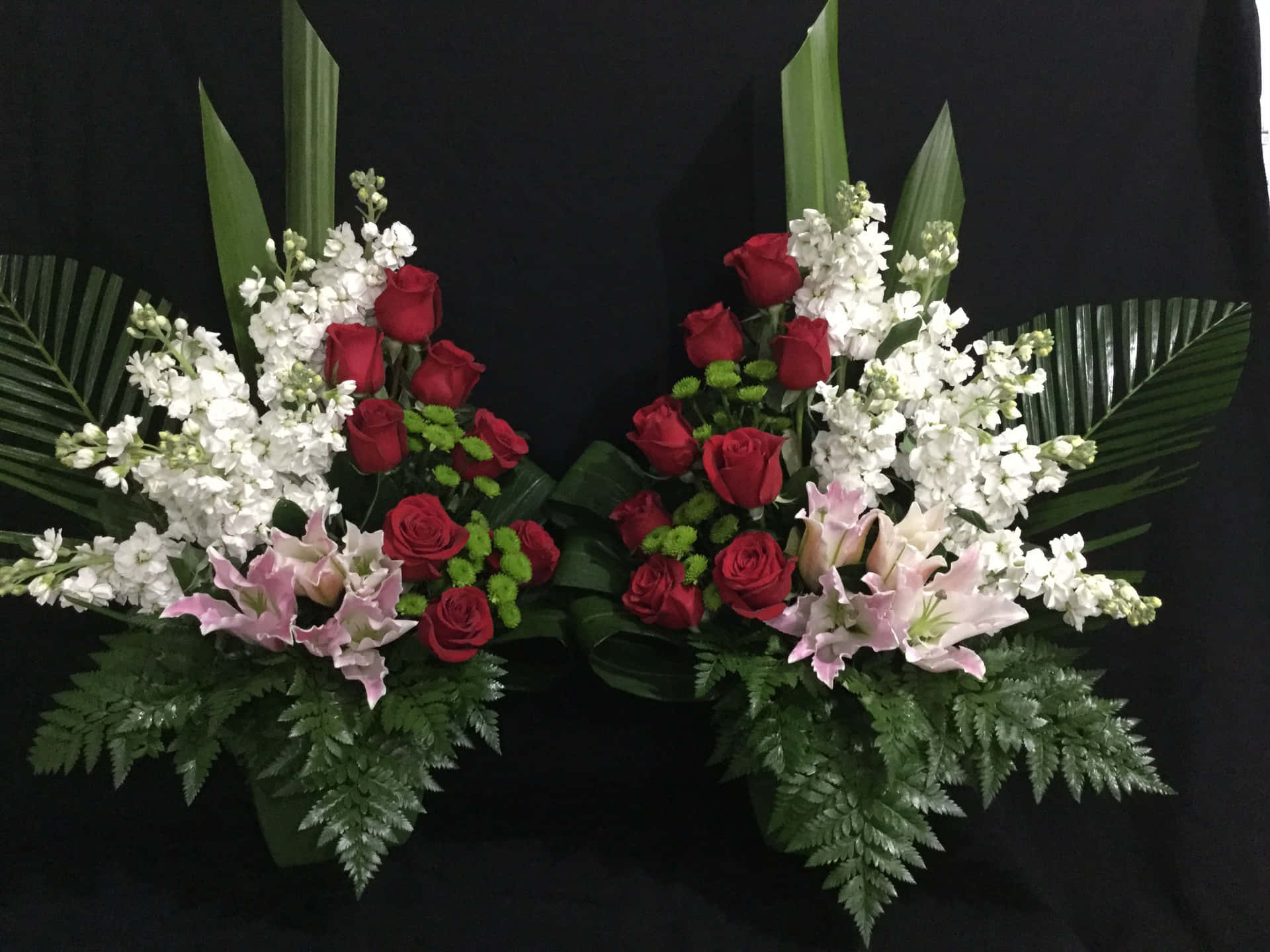 Two Large Arrangements Of Roses And Lilies