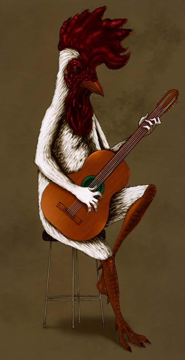 Imagenartística De Un Divertido Pollo Tocando La Guitarra En Estilo De Dibujo Animado.