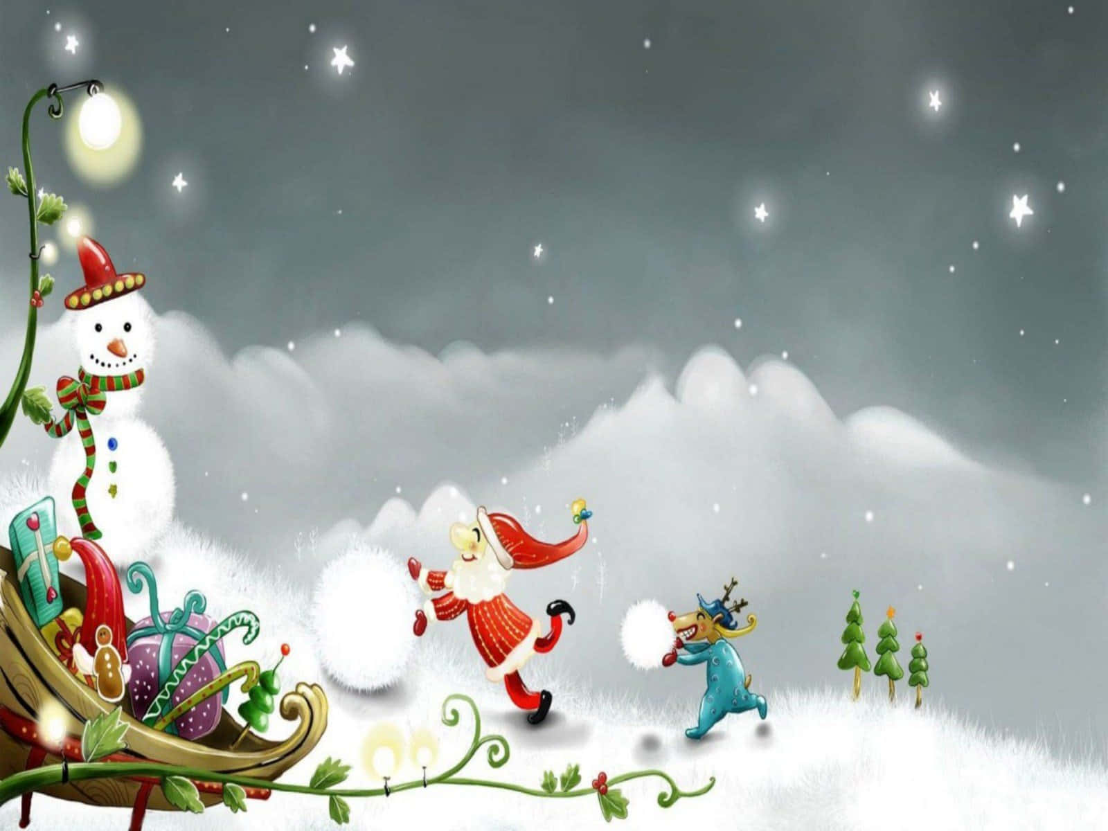 Funny Christmas Zoom Background Of Santa Claus With Elf And Snowman Background