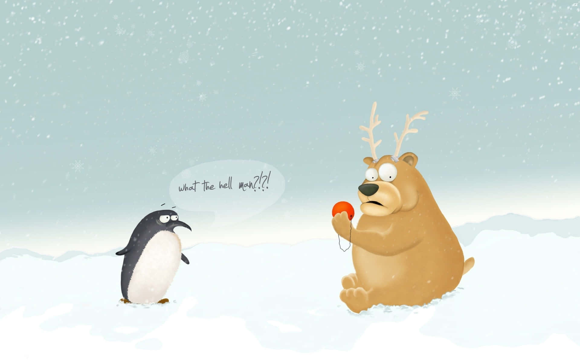 Witzigescartoon-weihnachts-zoom-hintergrundmotiv: Pinguin Und Bär Mit Geweihen