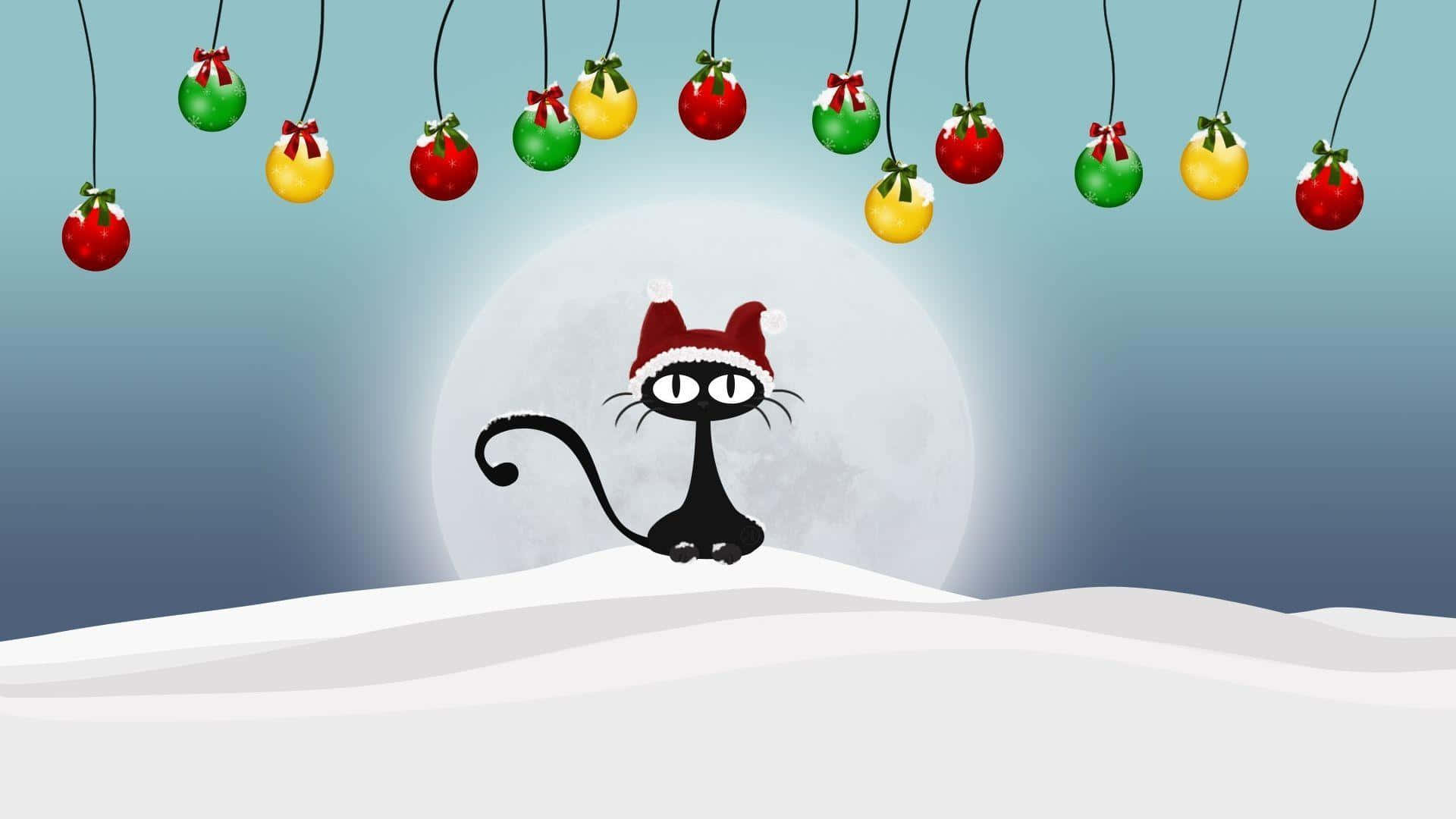 Fondode Pantalla Divertido De Navidad Para Zoom Con Un Gato Negro Dibujado En Caricatura.