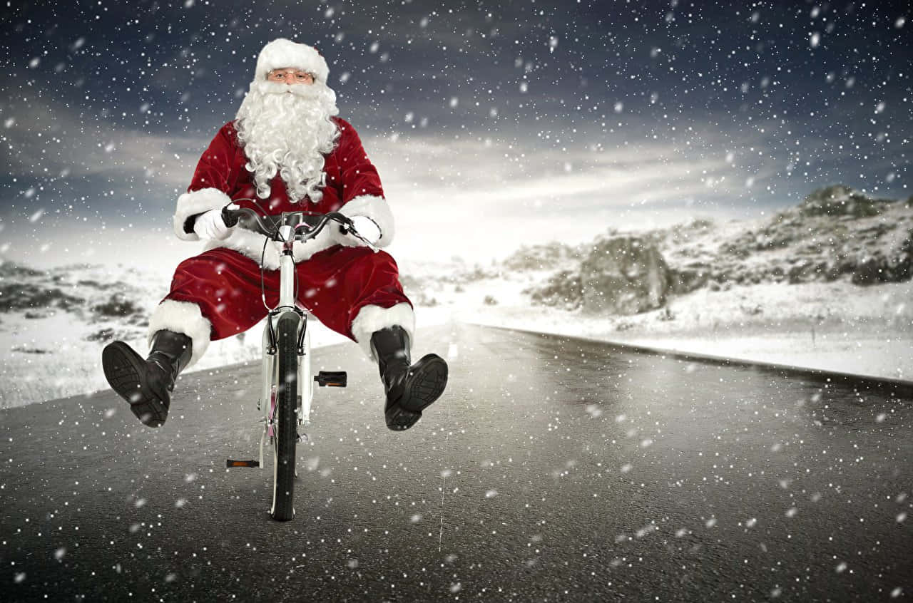 Sfondodivertente Per Zoom Di Natale Con Babbo Natale In Bicicletta.