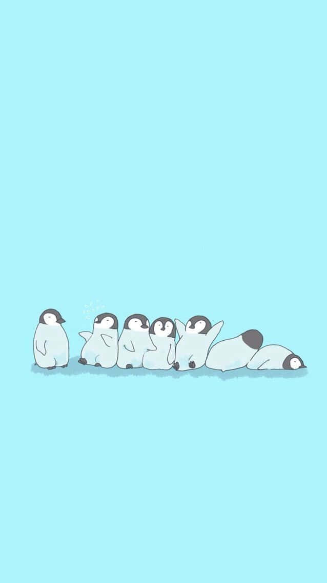 Penguins In A Row On A Blue Background Wallpaper