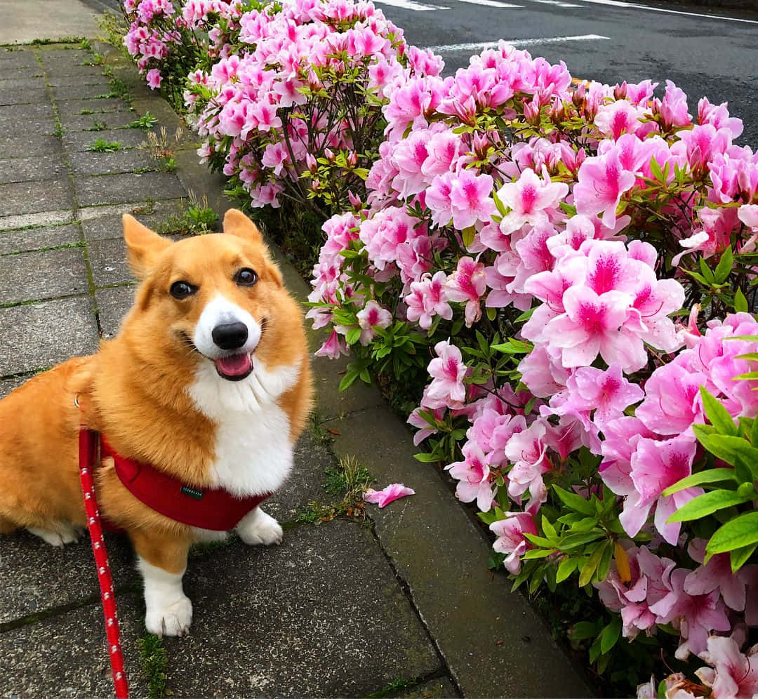 Funny Corgi Dog With Pink Flowers Picture