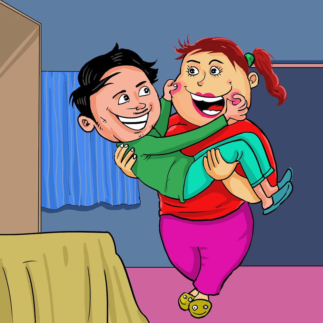 Funny Couple Cartoon Woman Carrying Man Picture