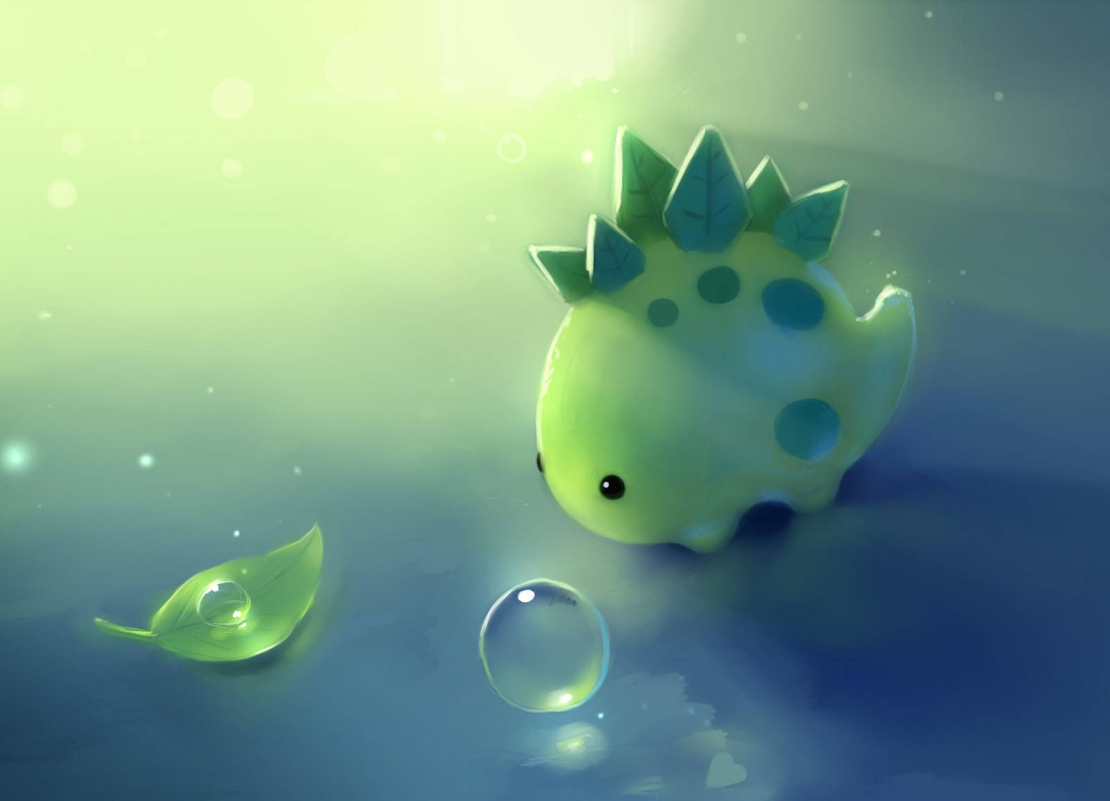 A Green Dinosaur With A Leaf In The Water Wallpaper