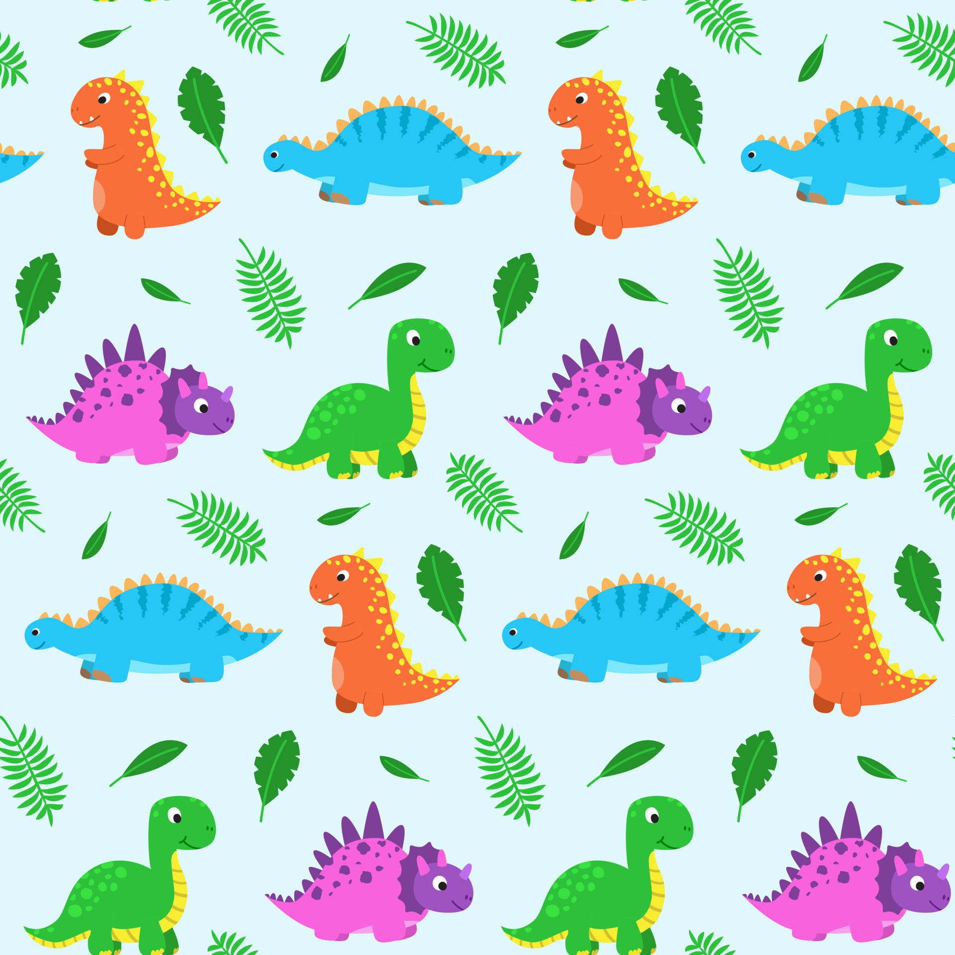 Enfärgglad Dinosauriemönster Med Löv Och Blad Wallpaper