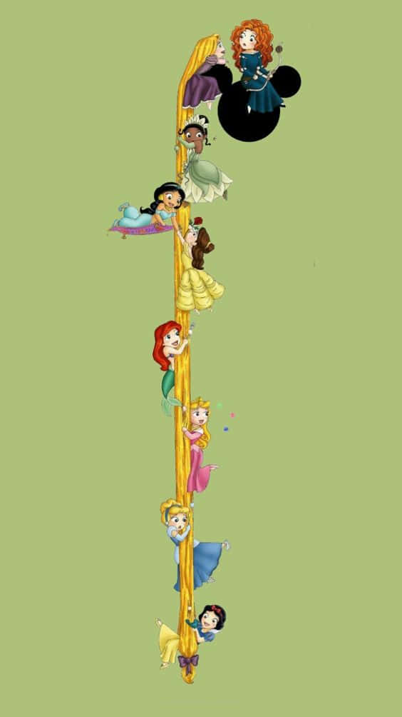 Divertenteimmagine Delle Principesse Disney Che Si Arrampicano Sui Capelli Di Rapunzel