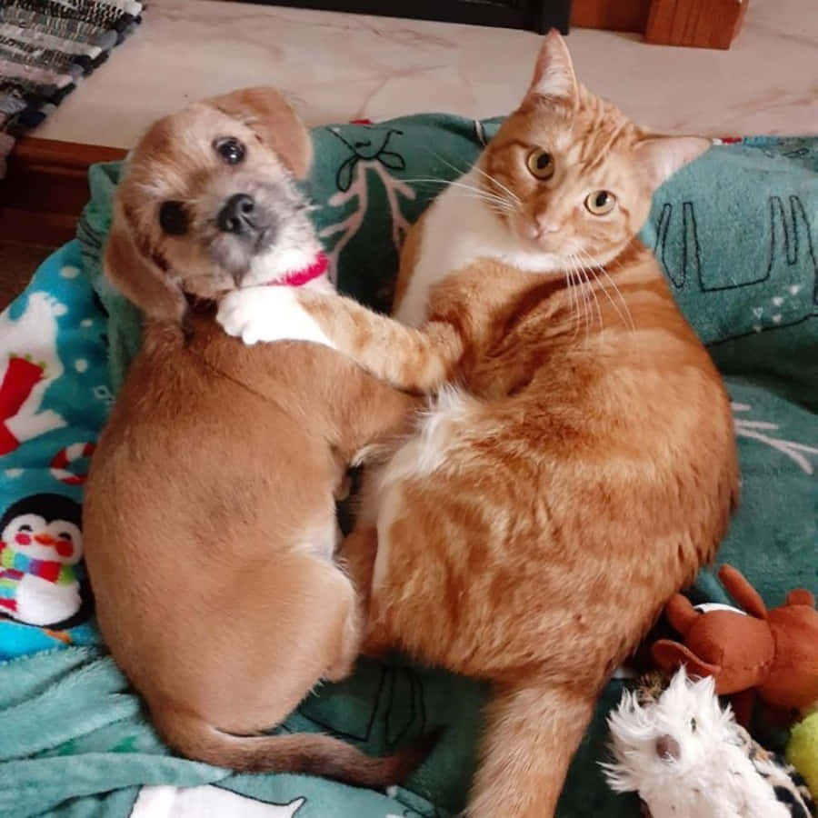 Witziges,spontanes Foto Mit Einem Niedlichen Hund Und Einer Orangenen Katze