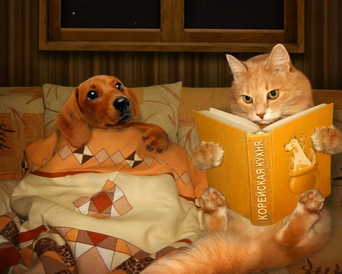 Lustigesbild Von Einem Hund Und Einer Katze Beim Lesen Im Bett