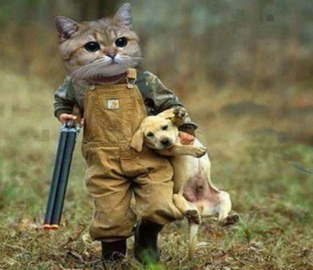 Witzigesbild Eines Süßen Hundes Und Einer Jagenden Katze