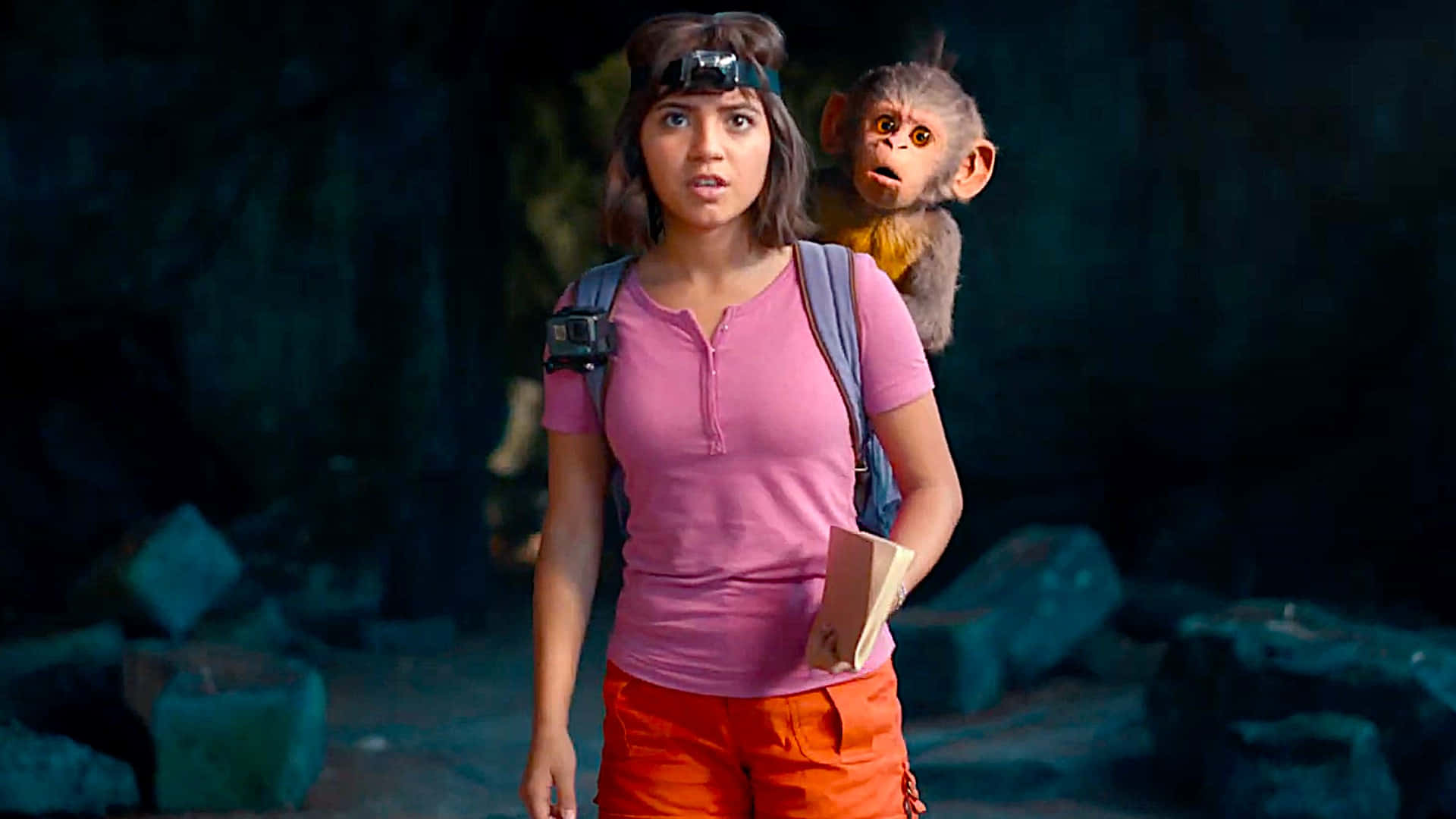 Unamujer Con Una Camisa Rosa Está Sosteniendo Un Mono. Fondo de pantalla