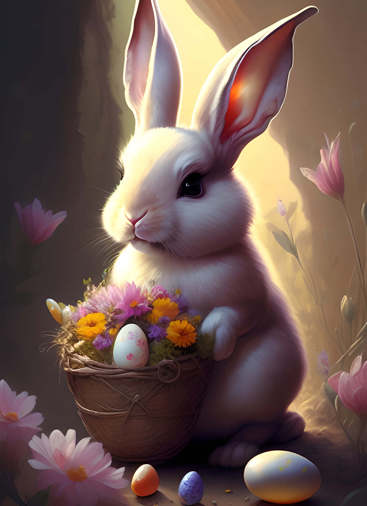 Funny Easter Bunny Flowers In Basket Picture