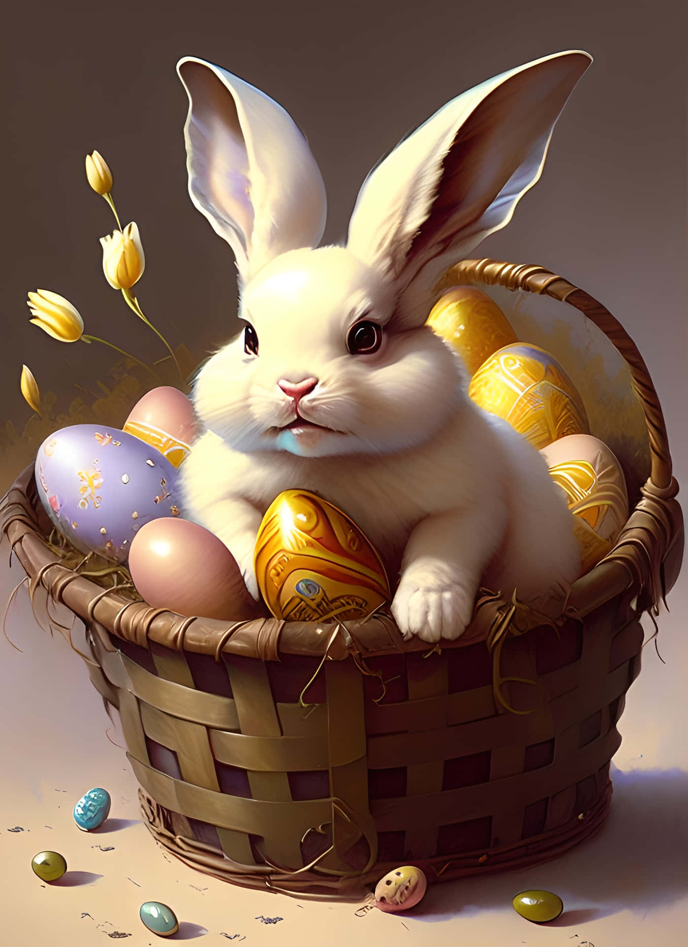 Imagendivertida De Un Conejo De Pascua Dentro De Una Canasta De Huevos De Pascua