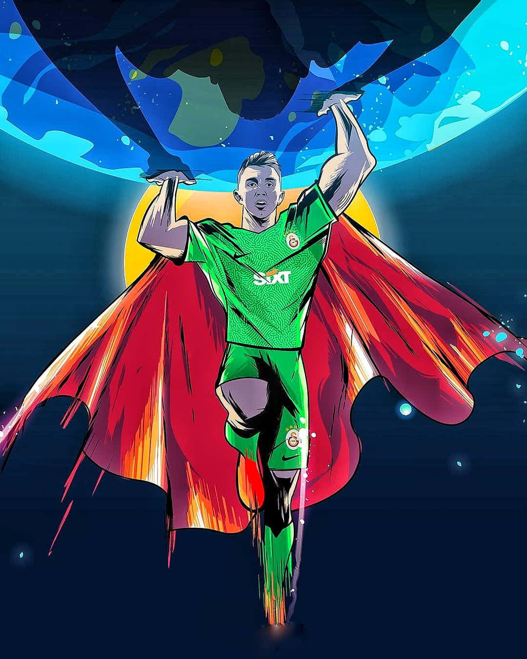 A Soccer Player With A Cape And Cape Flying Over The Earth