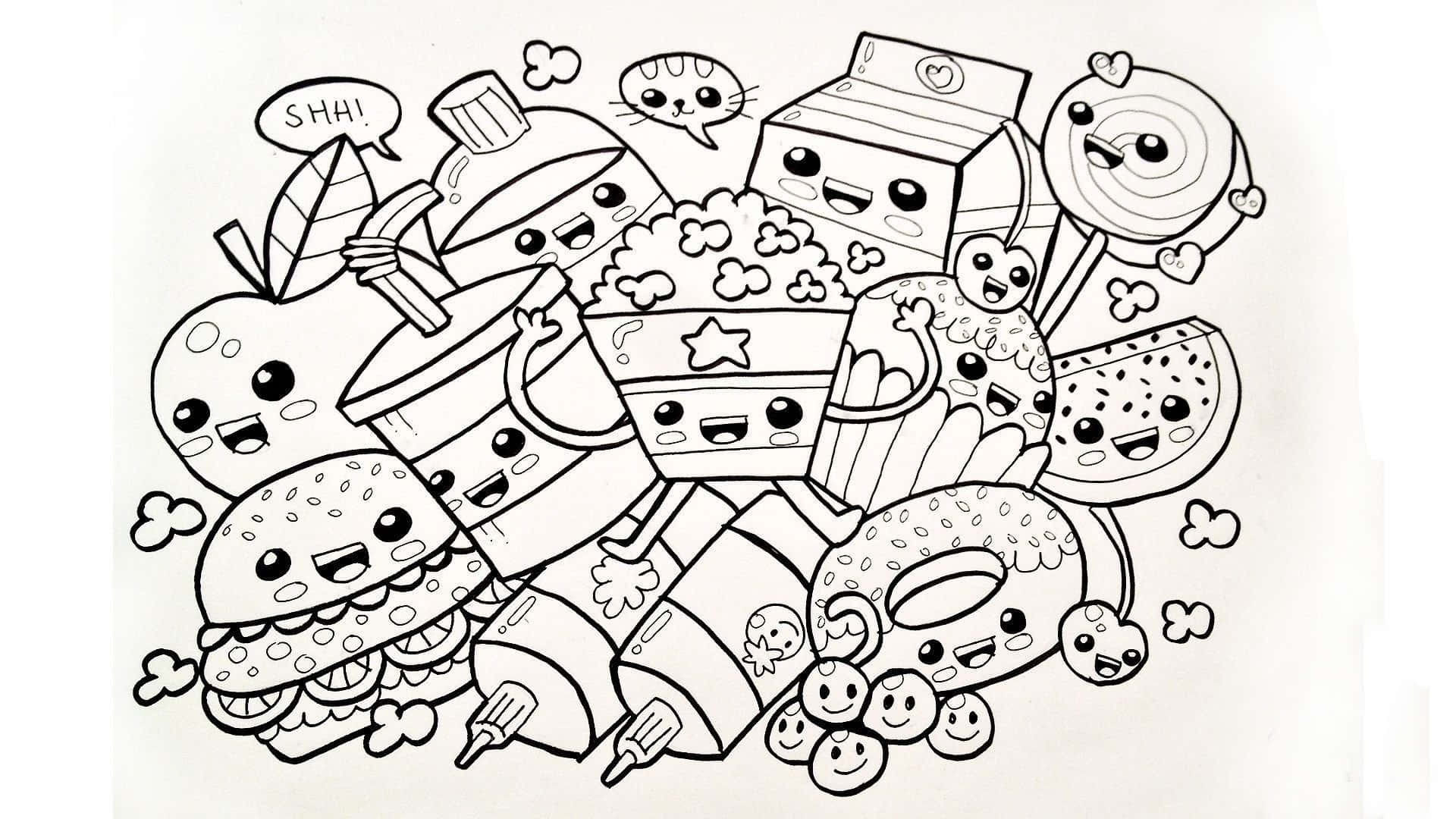 A Coloring Page With A Bunch Of Cartoon Characters Wallpaper