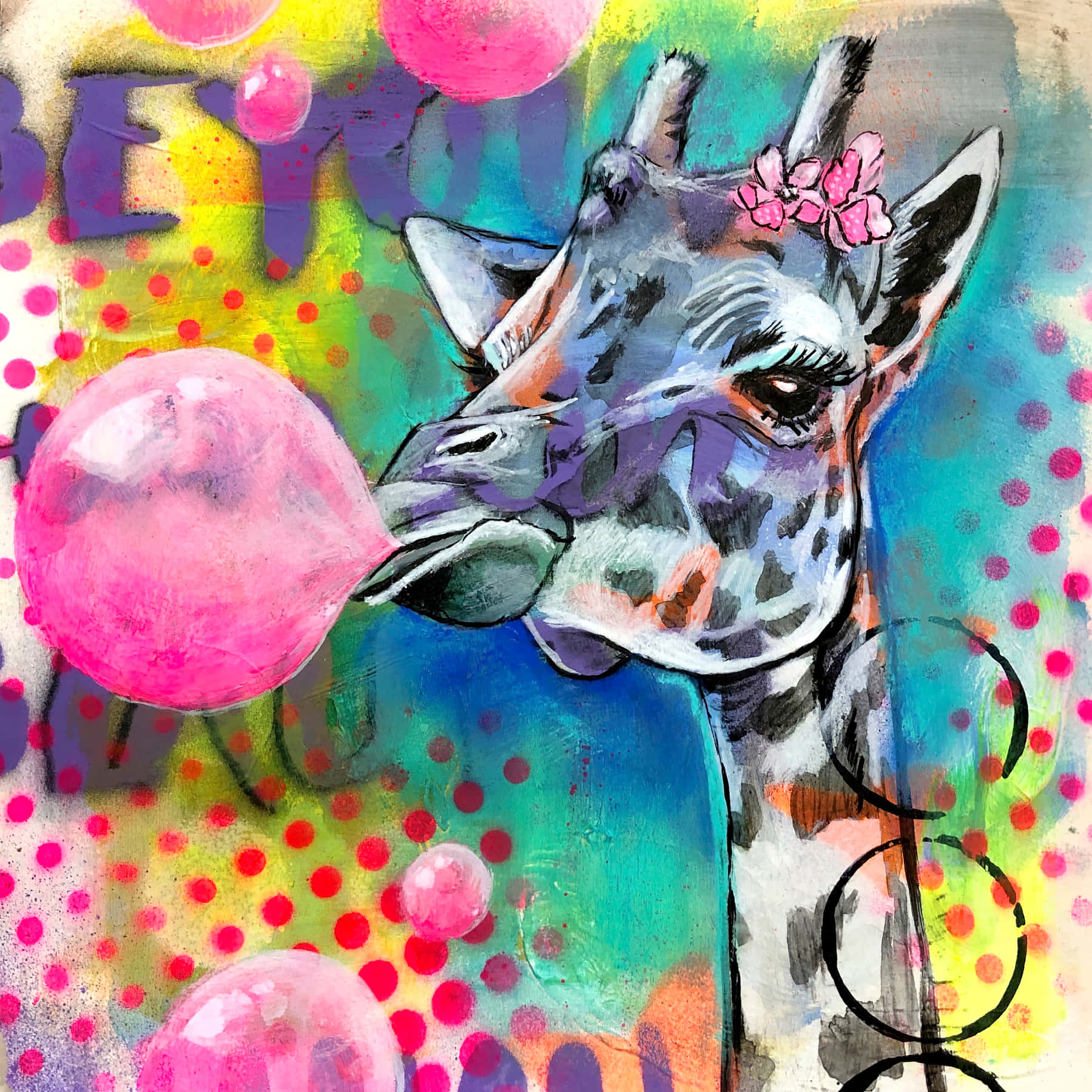 Funny Giraffe Blowing Bubble Gum Picture