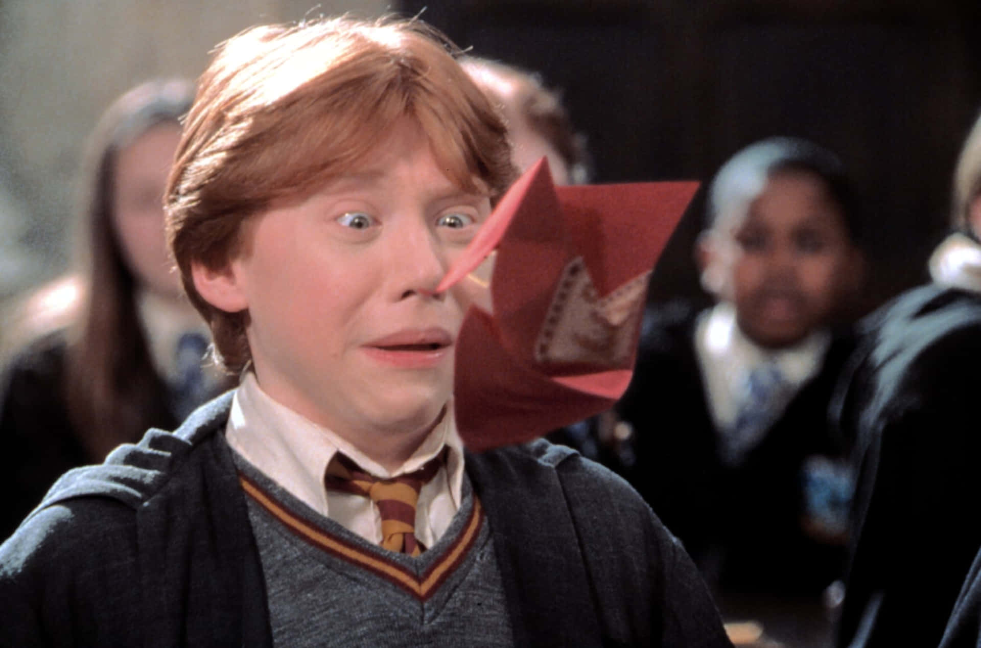 Sjov Harry Potter Ron Weasley Forskrækket Ansigt Billede Tapet