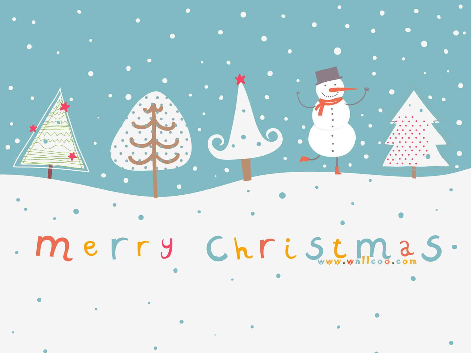 Merry Christmas Card With Snowman And Trees Wallpaper