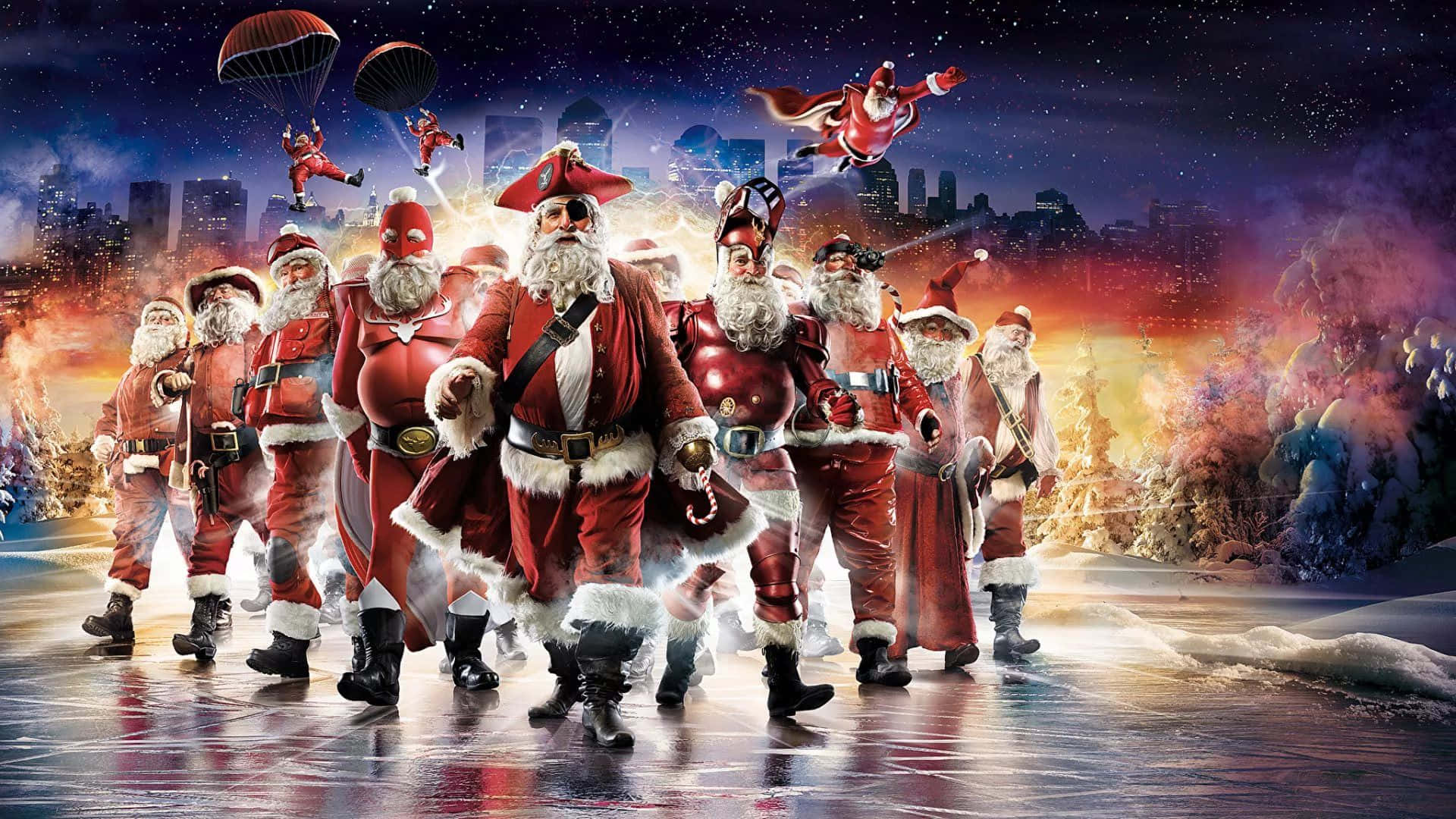 Santa Claus And His Elves On Ice Wallpaper