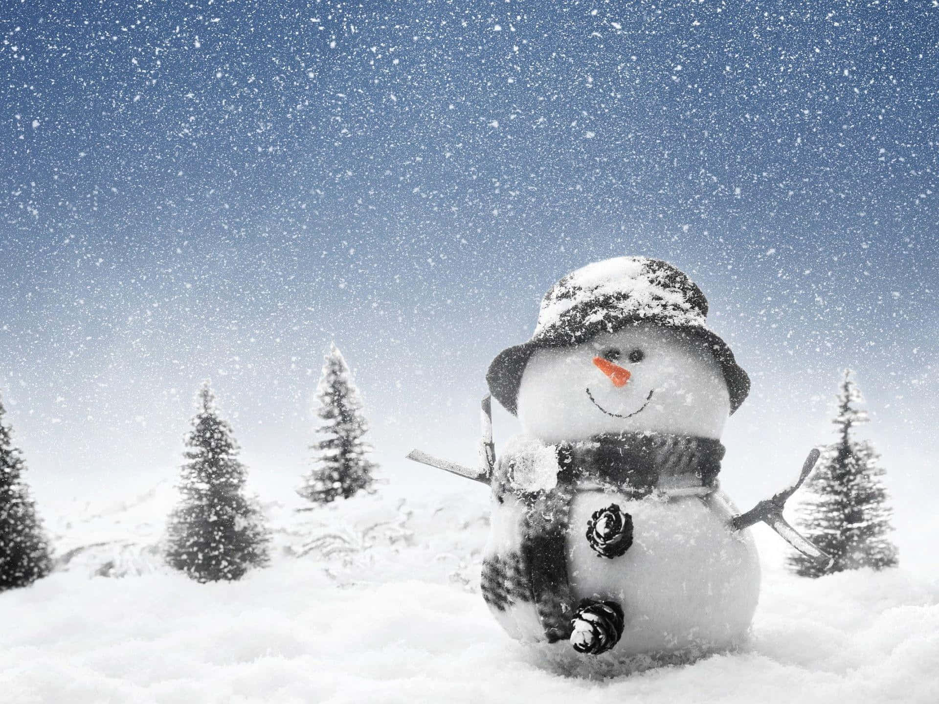 A Snowman Is Standing In The Snow With Trees In The Background Wallpaper