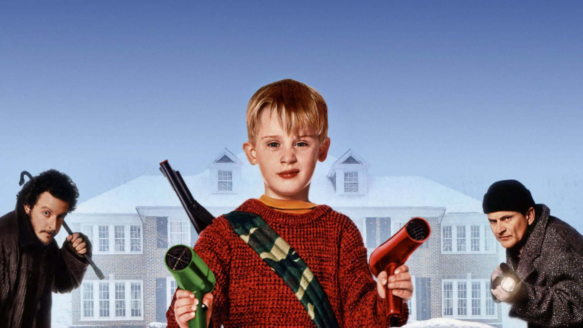 A Young Boy Holding Two Guns In Front Of A House Wallpaper