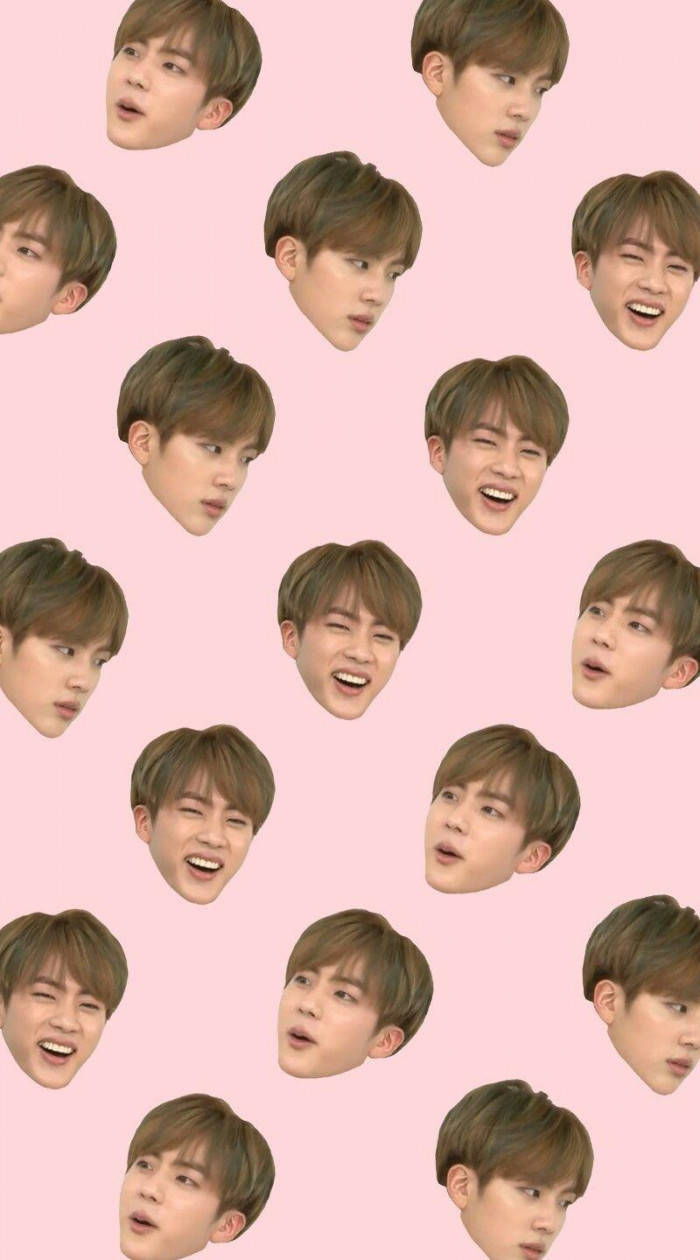 Sjov Jin Bts Cute Face Collage Pink Baggrund Wallpaper