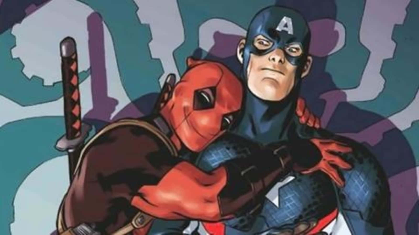 Sjov Marvel Deadpool krammer Captain America Billede Tapet