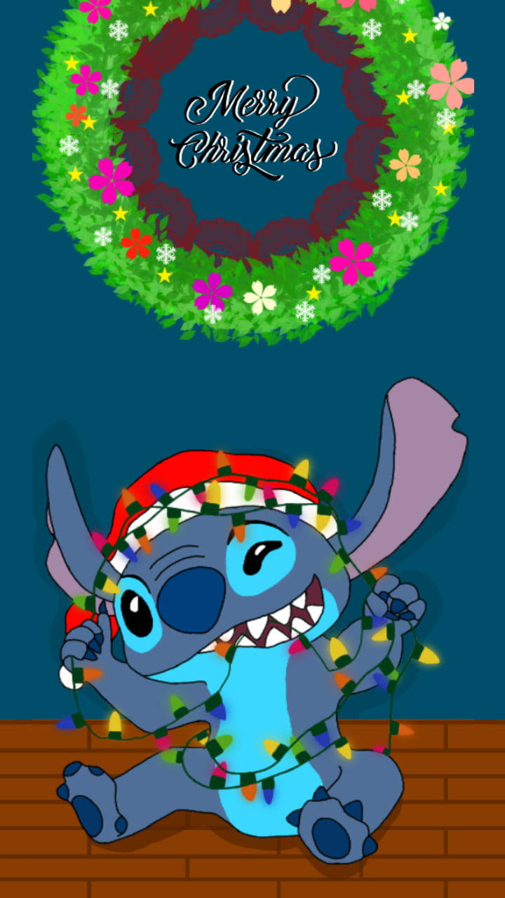 Funny Merry Christmas Stitch With Wreath Wallpaper