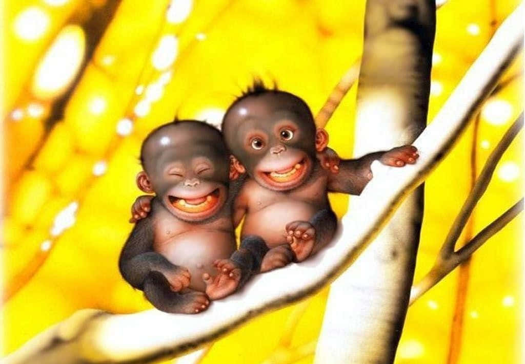 two orangutans sitting on a branch with yellow leaves
