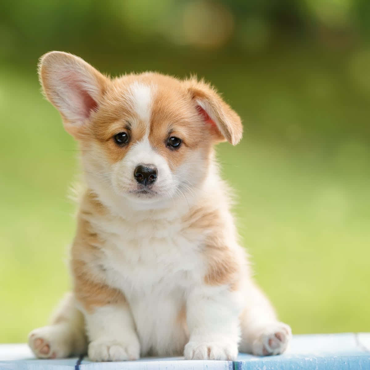 A Small Puppy Sitting On A Blue Table