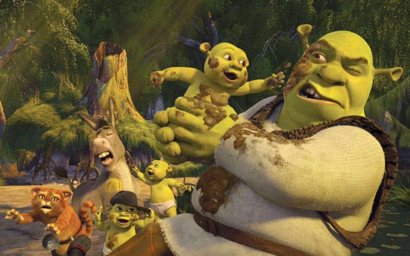 Funny Shrek Donkey And Puss Playing With Babies Wallpaper