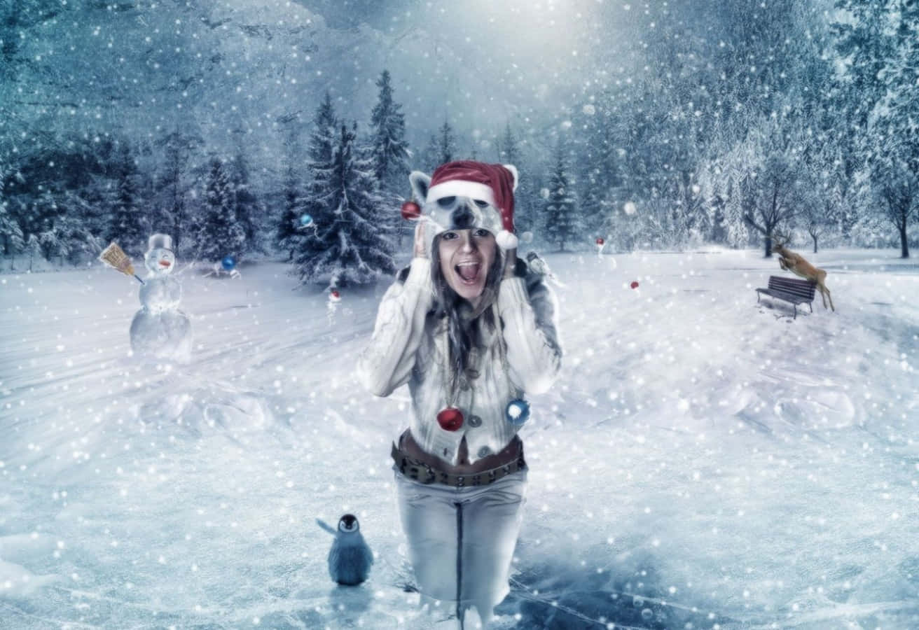 Funny Snow Girl Screaming In Forest While Snowing Picture