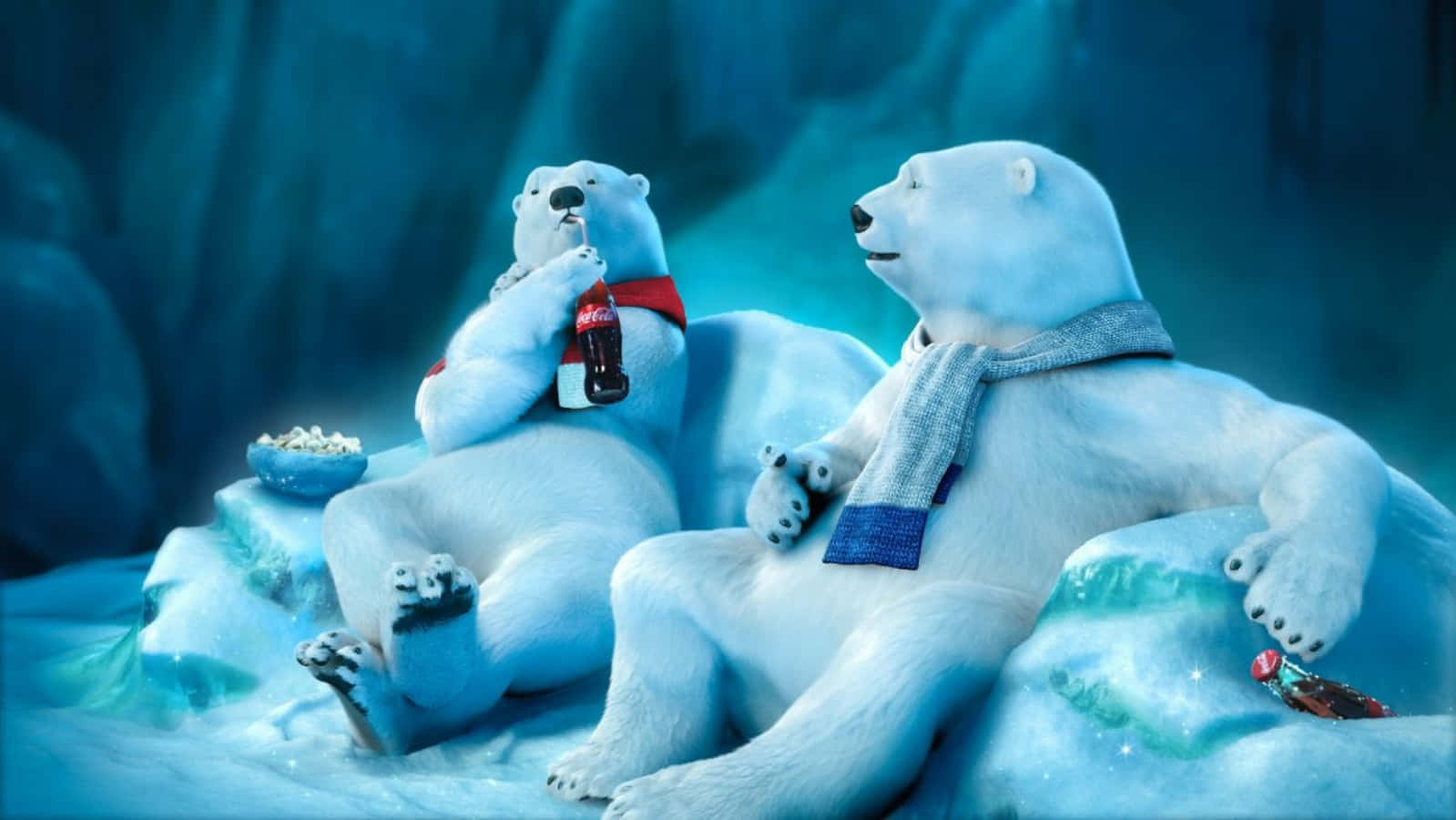 Imagemengraçada De Ursos Polares Na Neve Bebendo Coca-cola Em Uma Caverna.