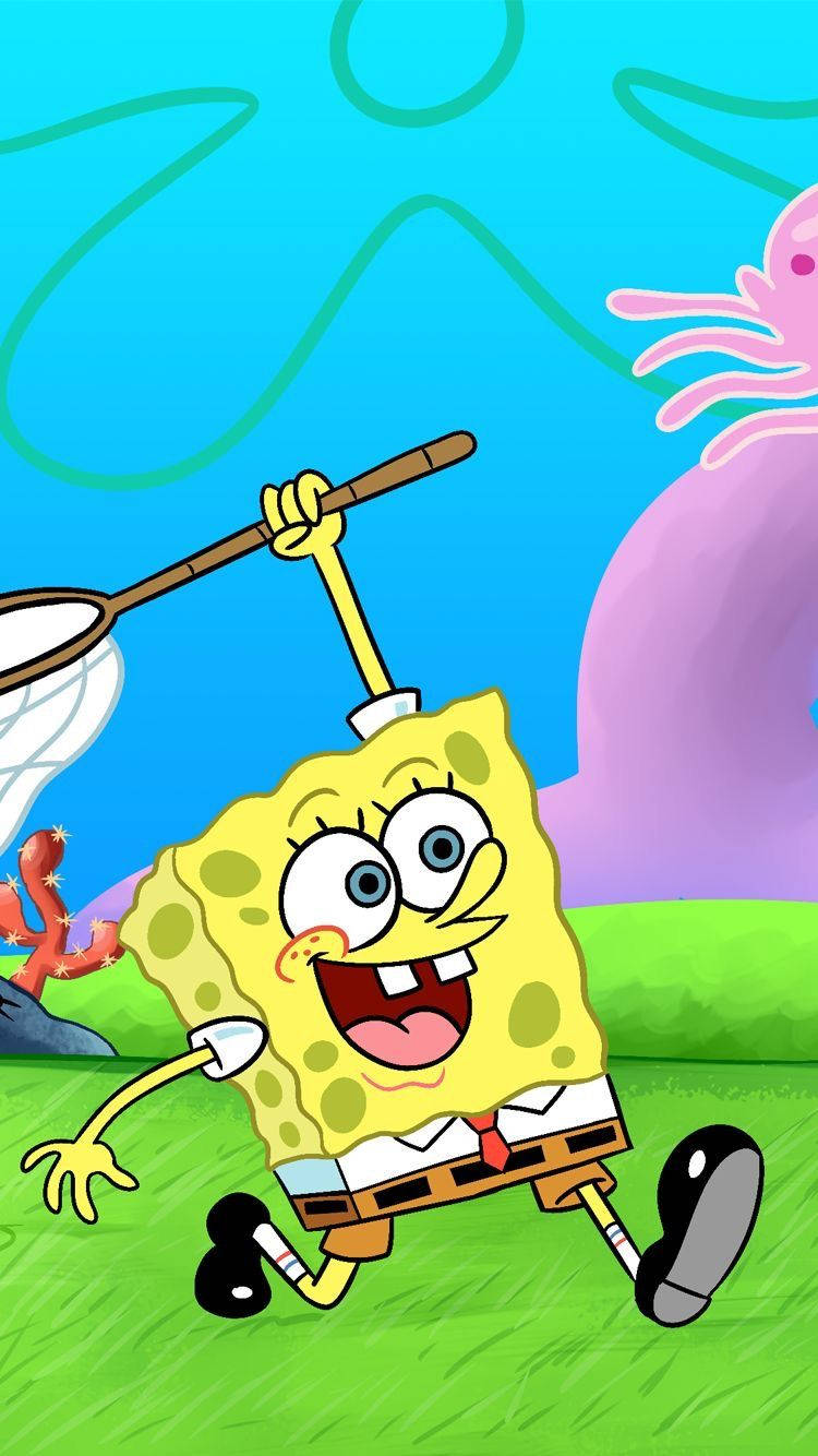 Download Funny Spongebob With Jellyfish Net Wallpaper