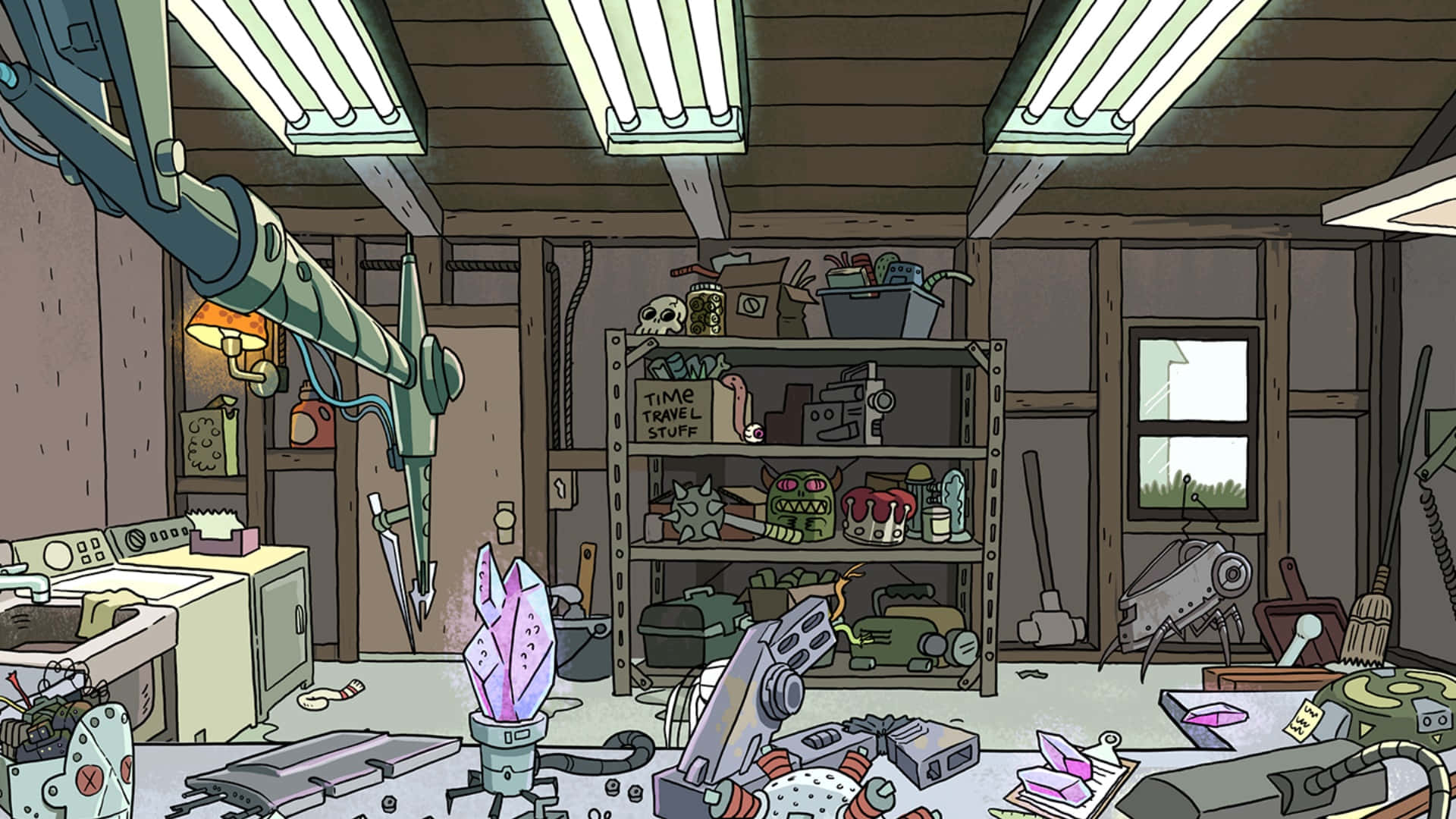 A Cartoon Image Of A Garage With A Lot Of Junk