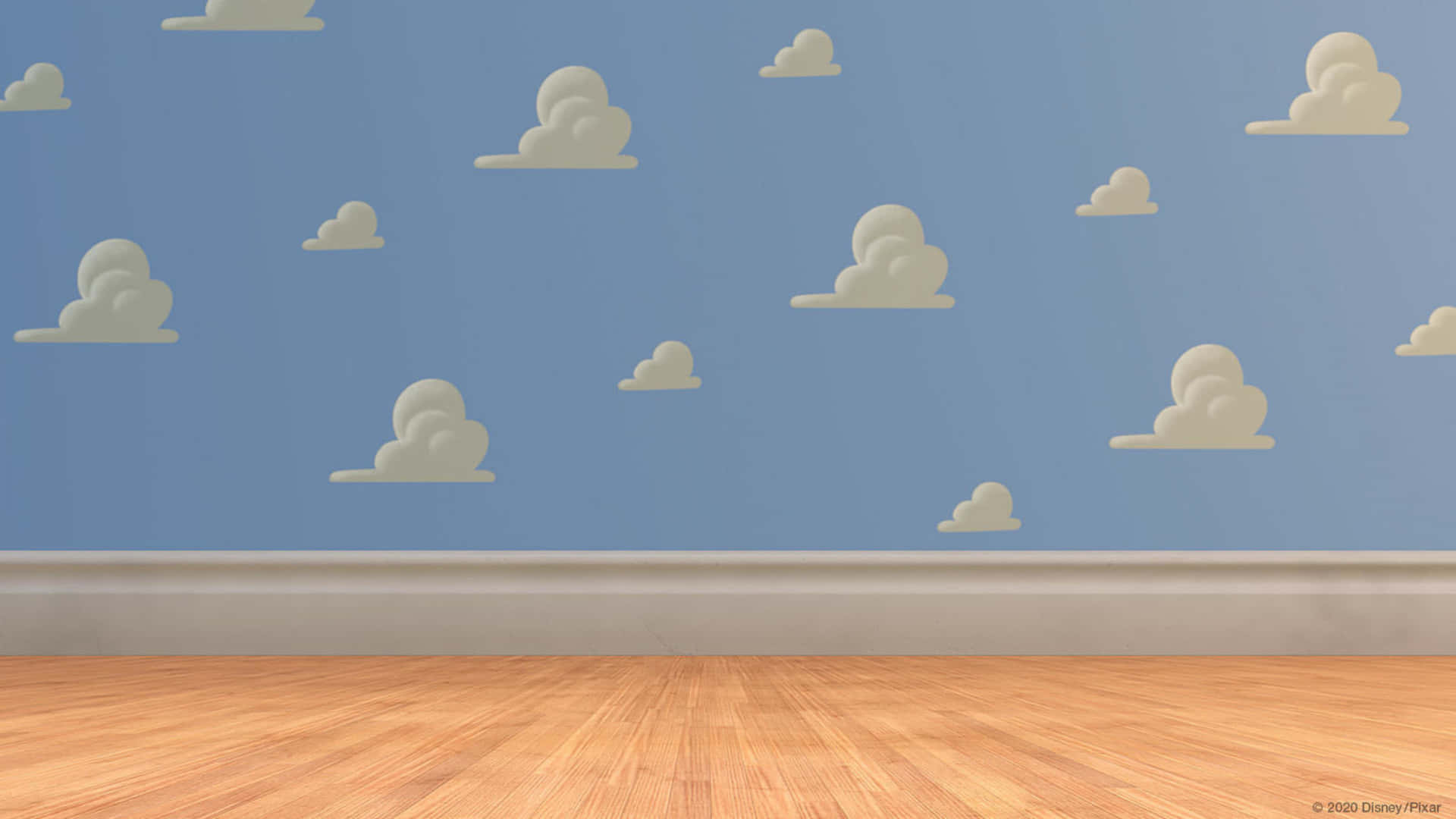 A Room With A Blue Wall And Clouds On It