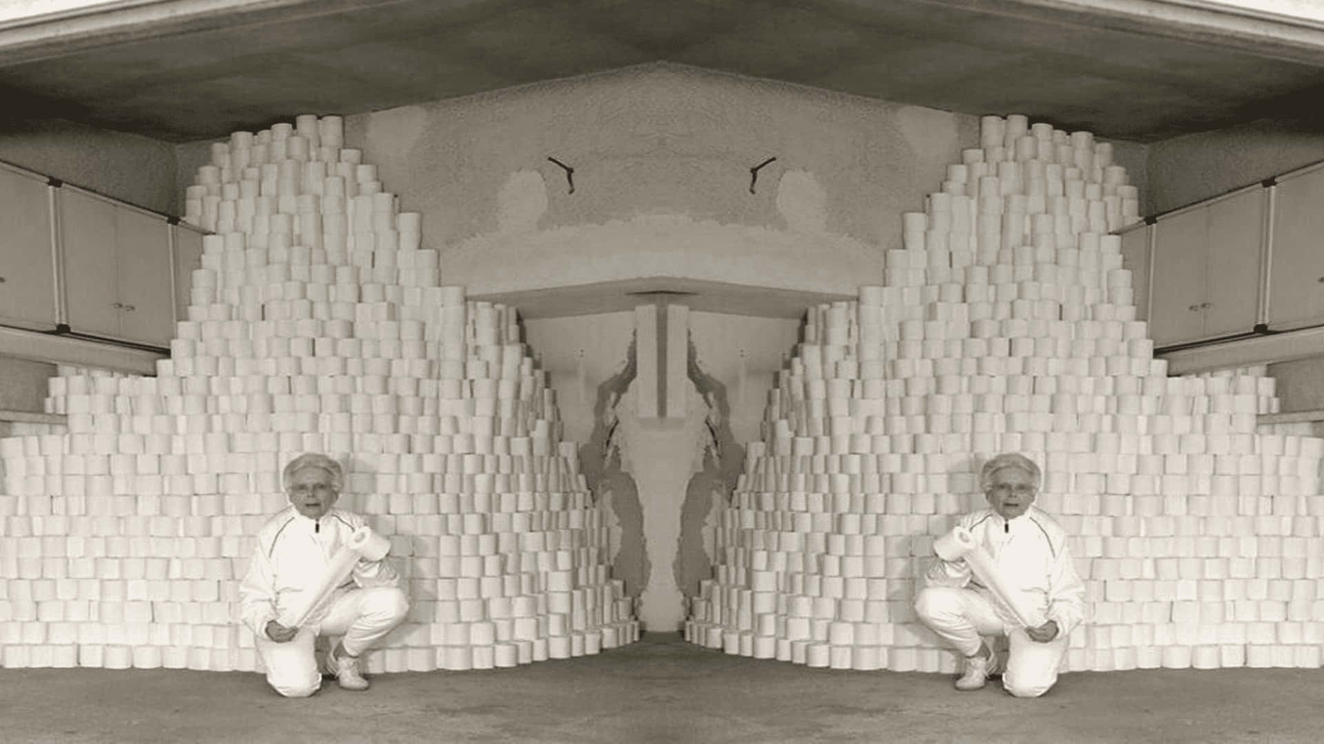 A Man In White Standing In Front Of A Wall Of White Cups