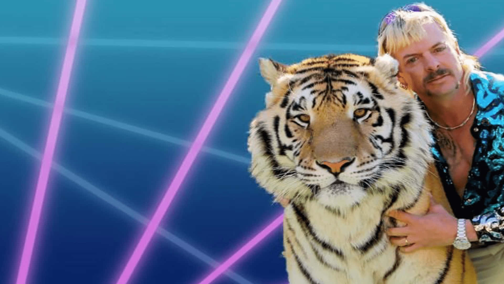 Enman Med En Tiger Framför En Neonbakgrund