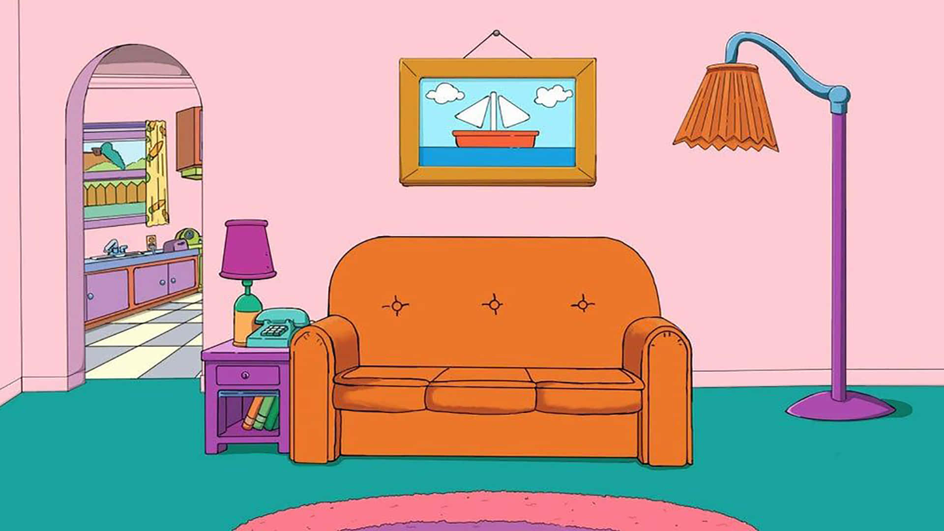 A Cartoon Room With A Couch And A Lamp